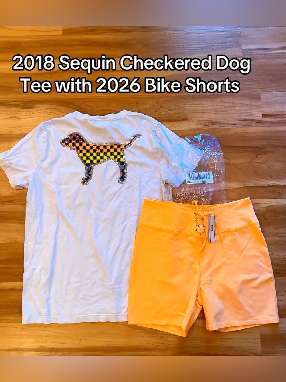 PINK Victoria’s Secret Rare 2018 Sequin Checkered Dog Tee + NWT Neon Bike Shorts